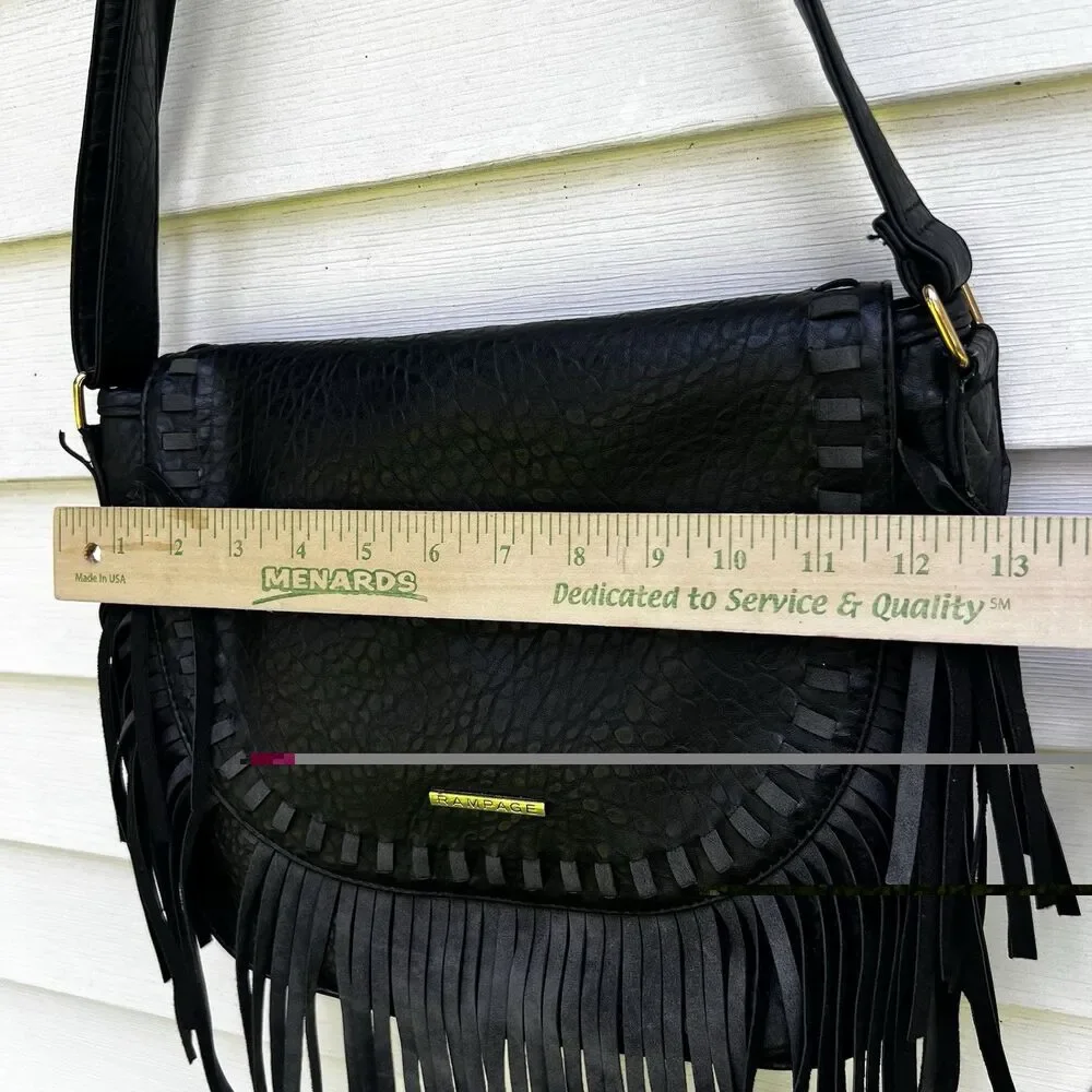 Rampage Black Boho Fringe Crossbody Bag Shoulder Purse Western Textured Pebble